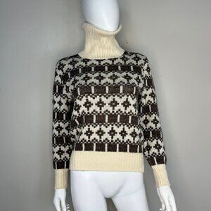 Vintage 1970s Brown and Cream Stripe Turtleneck Ski Sweater, Sears Junior Bazaar